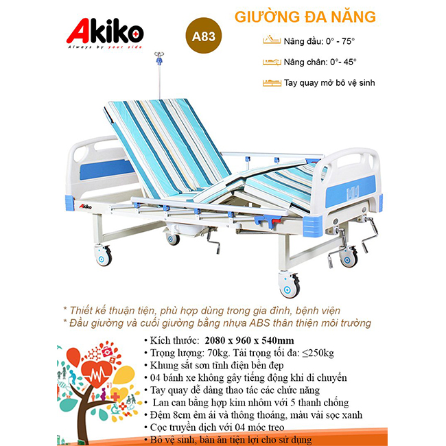 Thông số kĩ thuật của giường bệnh nhân 3 tay quay Akiko A83
