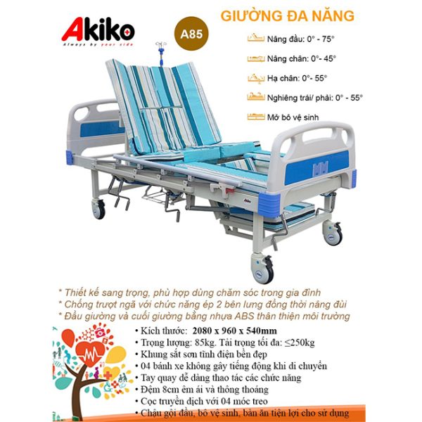 Thông số kĩ thuật của giường bệnh nhân 5 tay quay Akiko A85