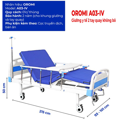 Thông số kĩ thuật giường y tế 2 tay quay Oromi A03-IV