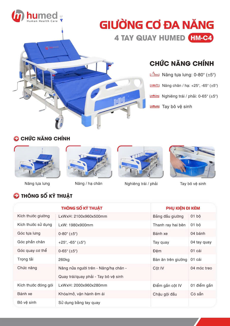 Chức năng của giường bệnh nhân 4 tay quay Humed HM-C4