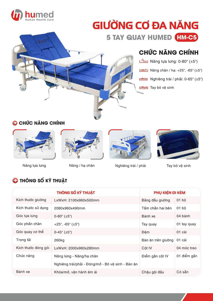 Thông số kỹ thuật của giường y tế 5 tay quay Humed HM-C5