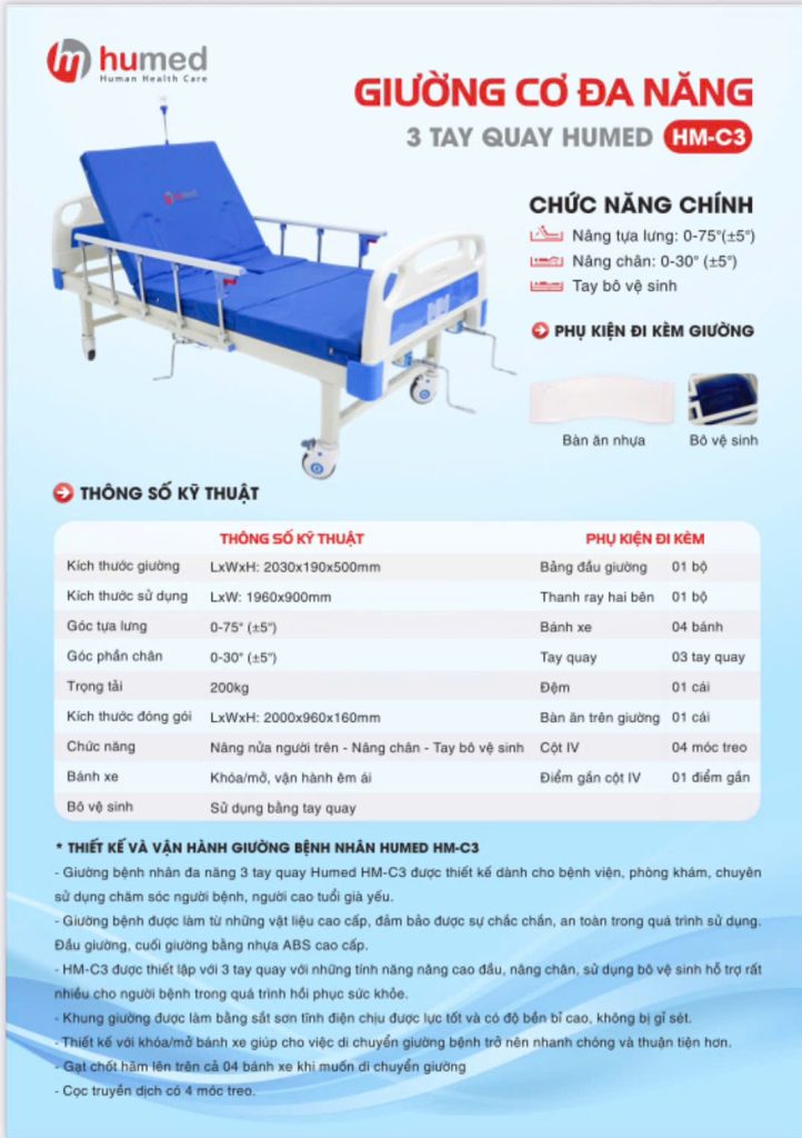 Thông số kỹ thuật của giường y tế cho người già Humed HM-C3