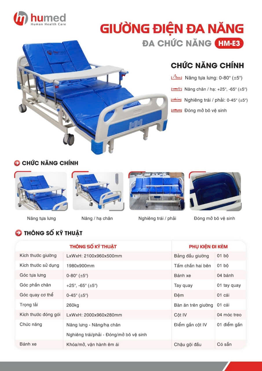 Thông số kỹ thuật của giường y tế điện Humed HM-E3